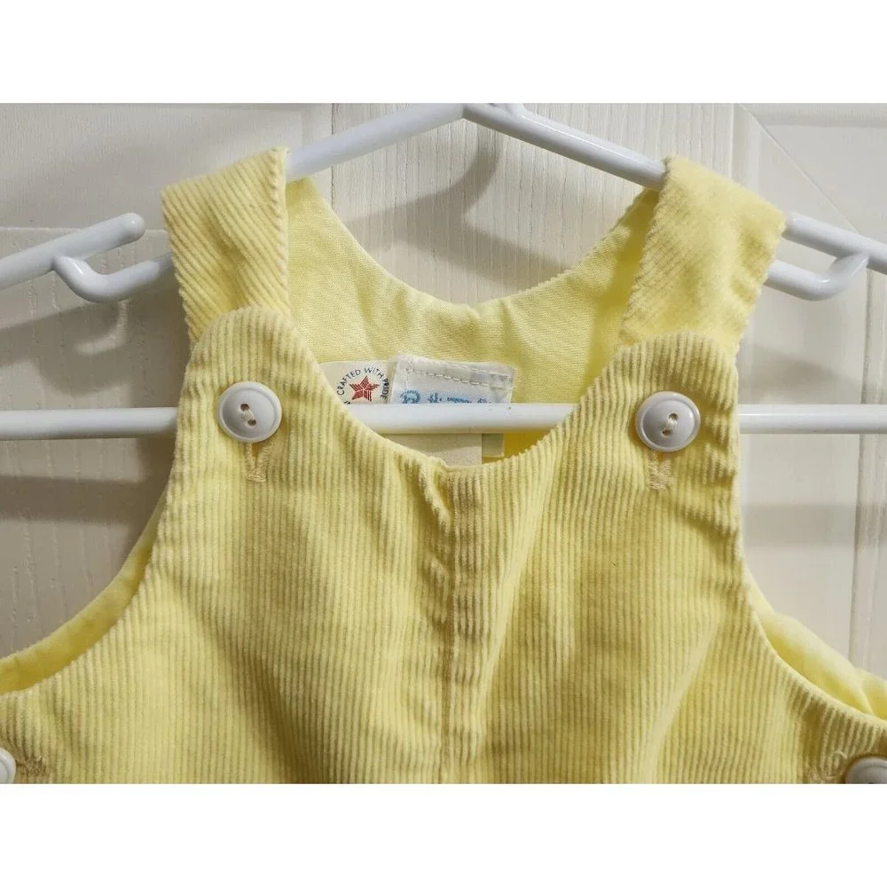 Vintage Betti Tirell Sleeveless Overalls Footie Pom Poms Yellow Corduroy Size 3M